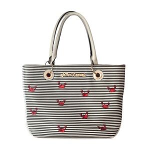 Betsey Johnson Black/White Striped Don’t Be Shellfish Tote Bag red crab design